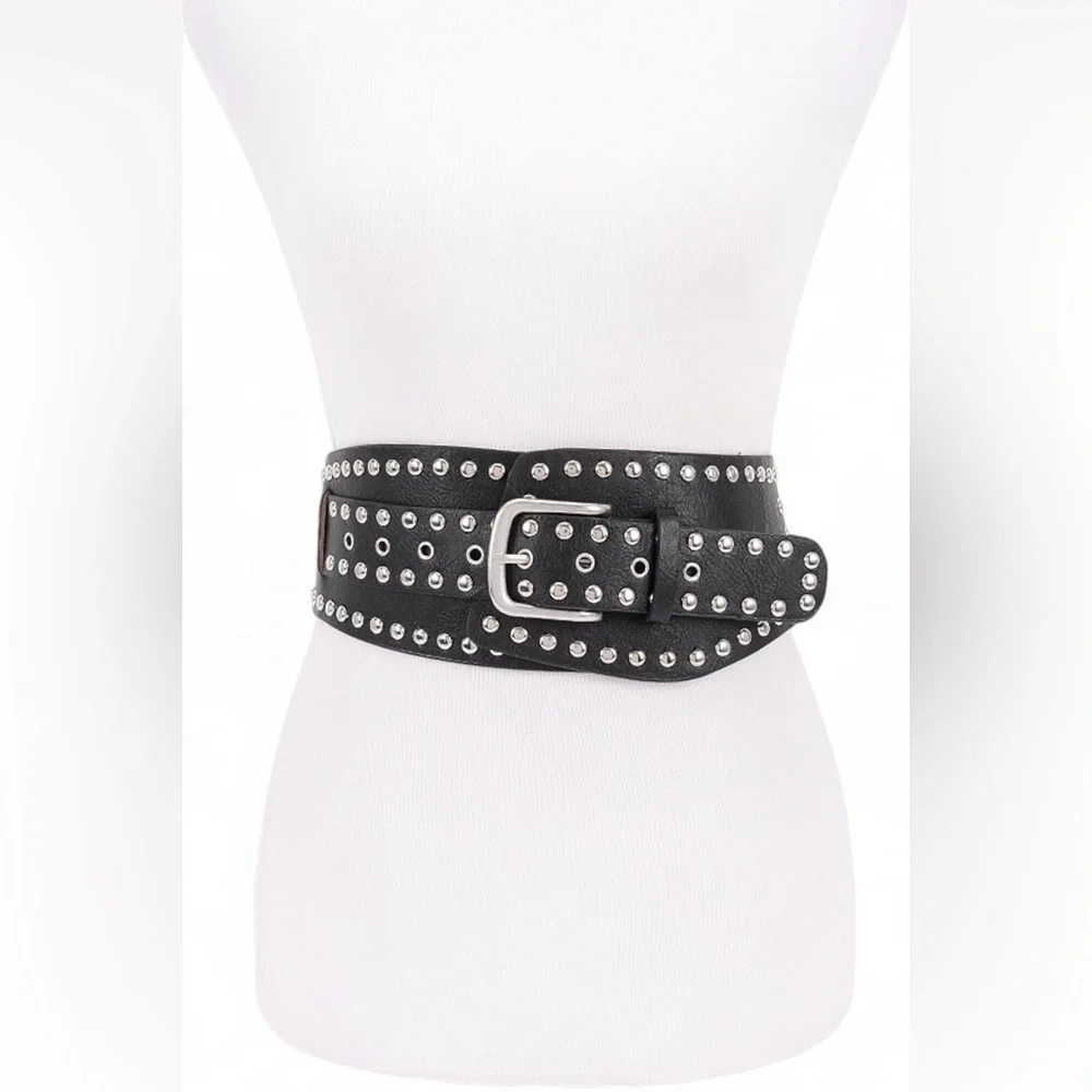 Vegan Leather Studded Statement Belt - Black, Brown, White